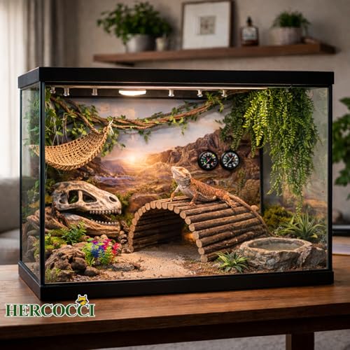 HERCOCCI Bearded Dragon Tank Accessories, 9Pcs Reptile Plants Vines Hammock Flexible Bridge with Suction Cups Terrarium Habitat Décor for Snake Gecko Lizard Chameleon
