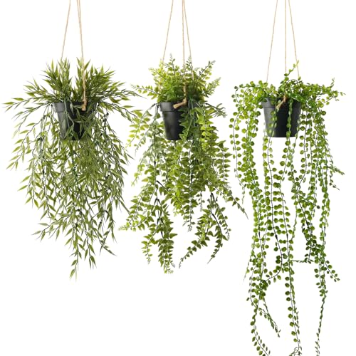 3 Packs 28" Fake Hanging Plants with Black Pots for Wall Decor | Artificial Fern Plants, Indoor/Outdoor Use, for Home Bathroom Bedroom Office Decor, Easy to Clean, Lifelike Appearance - color: Black Pots, size: 024