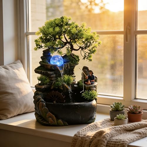 11.81in Rockery Tabletop Fountain Indoor Waterfall Fake Bonsai Desk Decor | Feature Mini Water Fountain Desktop Decor Humidifier with Pump and LED Light, Home Office Bedroom Relaxing (No Atomizer)