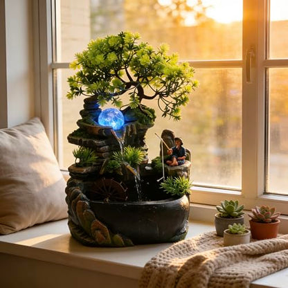 11.81in Rockery Tabletop Fountain Indoor Waterfall Fake Bonsai Desk Decor | Feature Mini Water Fountain Desktop Decor Humidifier with Pump and LED Light, Home Office Bedroom Relaxing (No Atomizer)