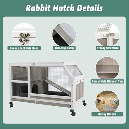 Gowoodhut Indoor Rabbit Hutch - 36''L Outdoor Wooden Bunny Hutch with Wheels Rabbit Cage Guinea Pig Cages Removable Pull Out Tray, Ramp, Hideout, Small Animals Pet House Hamster Ferret for Bunny Cage - size: 36.0"L x 21.0"W x 21.7"H