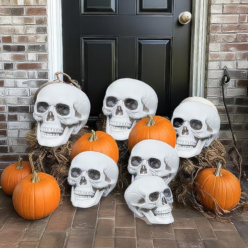 CUNHUYSmall Skulls Halloween Decor, 5 Inch Plastic Fake Skeletons, Mini Skulls for Crafts Outdoor Halloween Decorations, Realistic Miniature Human Skull Heads (4)