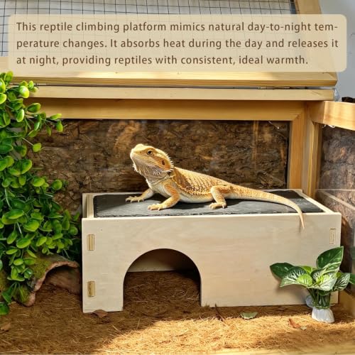 Bearded Dragon Basking Platform,Wood Gecko Hide with Basking Slate Rock,Wooden Reptile Hide Hideout Cave Terrarium Decor,Leopard Gecko Climbing Tank Accessories for Lizard,Gecko,Snake,Turtle