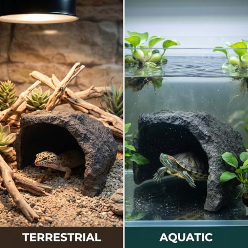 Extra Large Reptile Hideout & Basking Platform, Resin Rock Cave Habitat Decor for Bearded Dragon, Tortoise, Snake, Lizard - Aquarium & Terrarium Tank