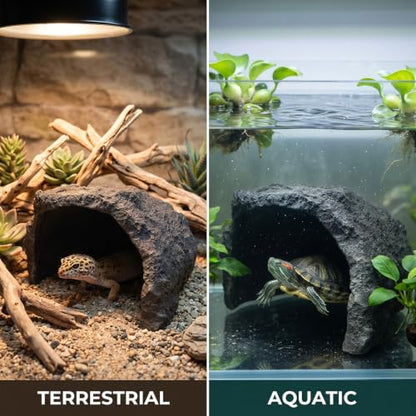 Extra Large Reptile Hideout & Basking Platform, Resin Rock Cave Habitat Decor for Bearded Dragon, Tortoise, Snake, Lizard - Aquarium & Terrarium Tank