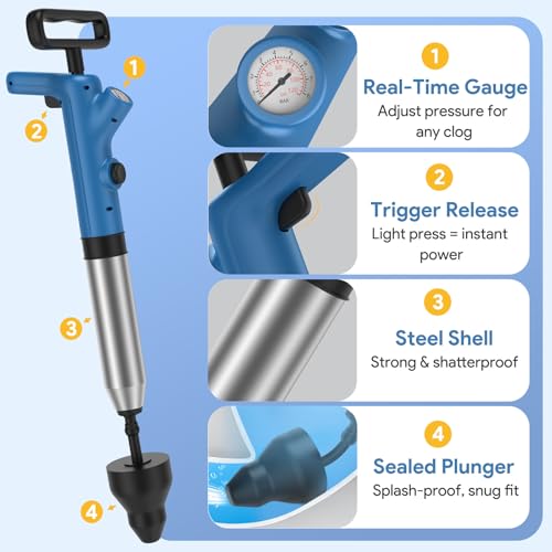 Granarbol High Pressure Toilet Plunger, Air Drain Blaster with Real-Time Gauge,Heavy Duty Toilet Auger & Drain Snake-Clog Remover for Toilets, Sinks, Floor Drains (Blue) - color: Blue