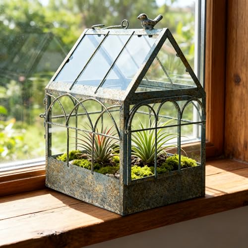 Large House Shape Glass Terrarium with Lid, Geometric Greenhouse - Style Planter for Ferns, Succulents, Air Plants, Handmade Indoor Tabletop Decor (Terrarium Only) - color: Bule-Bird