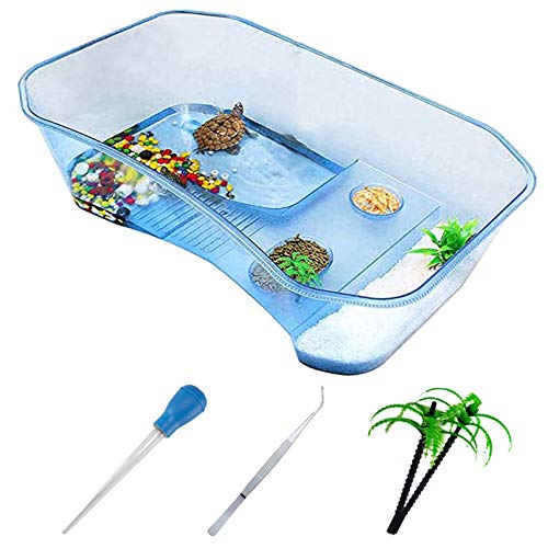 PINVNBY Plastic Turtle Tank Reptile Habitat Pet Terrariums Turtles Tank Aquarium Terrapin Topper Basking with Platform Plants,Durable,Safe, Non-Toxic(Blue) - color: Blue