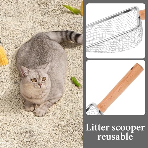 Hemobllo Mesh Cat Litter Scoop with Wood Handle, Stainless Steel Reptile Waste Shovel, 5x5mm Sifter for Cat and Small Pet Litter Cleaning