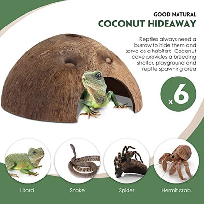 Woanger 6 Pcs Natural Coconut Reptile Hideouts, Coco Hut Hide Toys for Lizards, Geckos, Hermit Crabs, Snakes, Tarantulas, Small Reptile Habitat Decoration Supplies