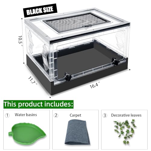 Travel Foldable Reptile Terrarium with Sliding Door Portable Spider Enclosure, Lizard Cage, Plastic Habitat for Tarantula, Tree Frog, Leopard Gecko, Snake, Ventilated Terrarium Starter Kit Black - color: Black