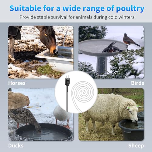 Chickens Water Heater Cord, 1-6 Gallons Heated Chicken Waterer for Winter, 9ft Freeze Proof Poultry Water Heater Cord, Prevents Water Freezing in Drinkers for Small Animals Rabbits, Ducks, Guinea Pigs