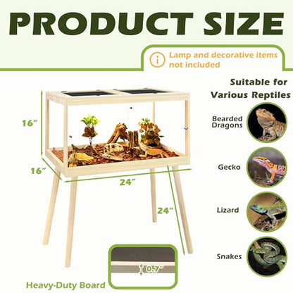 PROLEE Bearded Dragon Tank with Leg Stand 22 Gallons, Wooden Lizard Tank,Reptile Tank with Metal Mesh Roof Door, Acrylic Panel Snake Tank with Lock Design (Oak, 24"x16"x16") - color: Oak, size: 24"x16"x16"