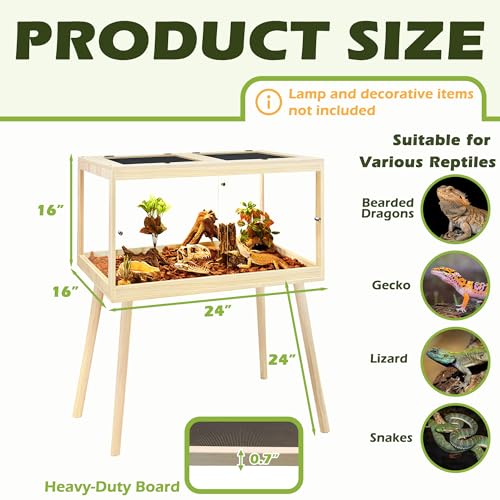 PROLEE Bearded Dragon Tank with Leg Stand 22 Gallons, Wooden Lizard Tank,Reptile Tank with Metal Mesh Roof Door, Acrylic Panel Snake Tank with Lock Design (Oak, 24"x16"x16") - color: Oak, size: 24"x16"x16"