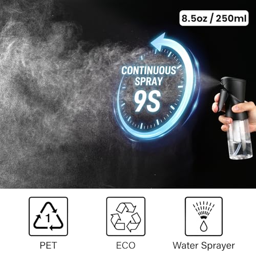 1 Pack 8.5oz Continuous Spray Bottle for Hair Styling & Plants - Fine Mist Sprayer Refillable Empty Water Dispenser for Cleaning, Ironing, Watercolor & Pet Care - Black - style: A-black 1PCS