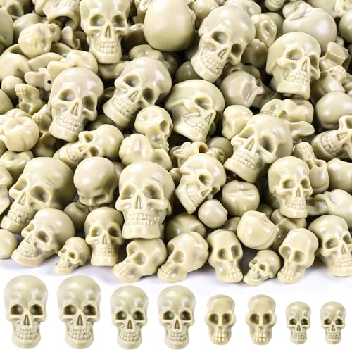 Vellibring 150 PCS Halloween Mini Skull Heads Decoration, Plastic Miniature Decorative Skulls Halloween DIY Resin Skeleton Head Figurines for Halloween Vase Filler Trick Party Table Decor - color: Bone Color