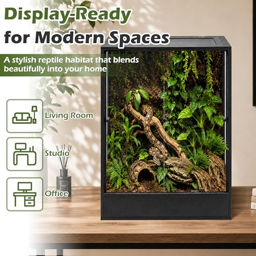 PROLEE 24" x 18" x 36" Tall Reptile Terrarium, 65 Gallon Glass Chameleon Cage, Vertical Crested Gecko Tank with Ventilated Mesh Top, Front Opening Rainforest Habitat, Black - color: Black, size: 24" L x 18" W x 36" H, 65 Gallon