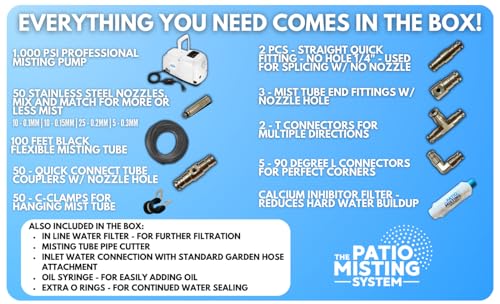 Patio Misters Pro - Ultra Fine Water Mister - Cooling Mist System for Midsize to Large Patio - High Pressure Misting Pump - Kit with Quiet Pump (1000 PSI) - DIY Installation