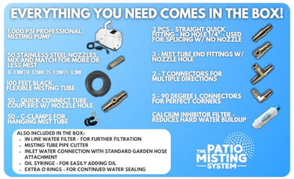Patio Misters Pro - Ultra Fine Water Mister - Cooling Mist System for Midsize to Large Patio - High Pressure Misting Pump - Kit with Quiet Pump (1000 PSI) - DIY Installation