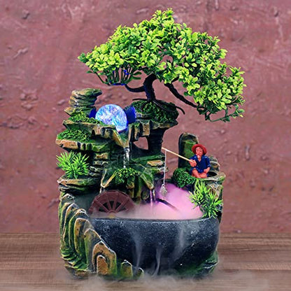Indoor Tabletop Fountains ， Rockery, Water,Fisherman, Plants, Desktop Fountain, atomizing humidifier Fountain, Home Office Desktop Decorations, Automatic Pump with Power Switch