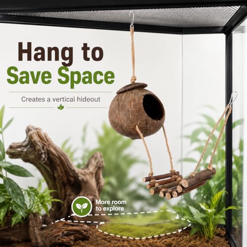 IMIKEYA Reptile Hide Coconut Cave, Natural Hanging Shell Hut with Rope Ladder for Crested and Leopard Gecko, Lizard Tank Hideout Decor for Small Reptiles and Hermit Crabs