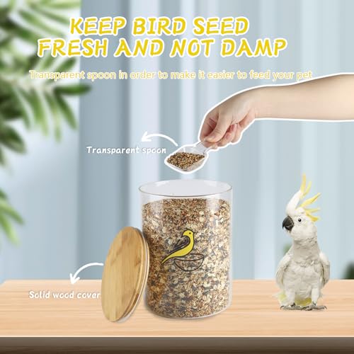 108 oz Bird Seed Storage Container,Circle Glass Bird Food Container with Airtight Wood Lid,Pet Food Storing with Birds Seed Scoop,for Wild Small Birds Food Storage,Birdfeed,Nuts(Clear)