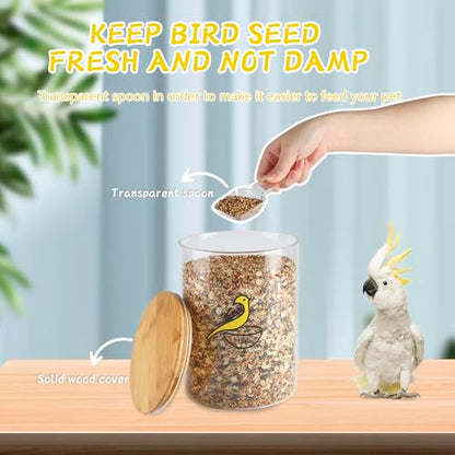 108 oz Bird Seed Storage Container,Circle Glass Bird Food Container with Airtight Wood Lid,Pet Food Storing with Birds Seed Scoop,for Wild Small Birds Food Storage,Birdfeed,Nuts(Clear)
