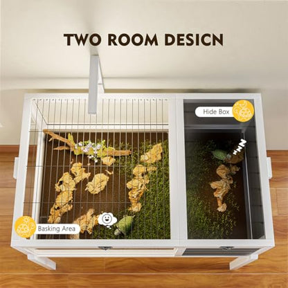 Wooden Tortoise Habitat Enclosure with Lamp Holder, Large Observation Window, Waterproof Pull-Out Tray & Detachable Legs, Indoor Outdoor Reptile Cage for Turtles, Lizards, Geckos & Small Pets