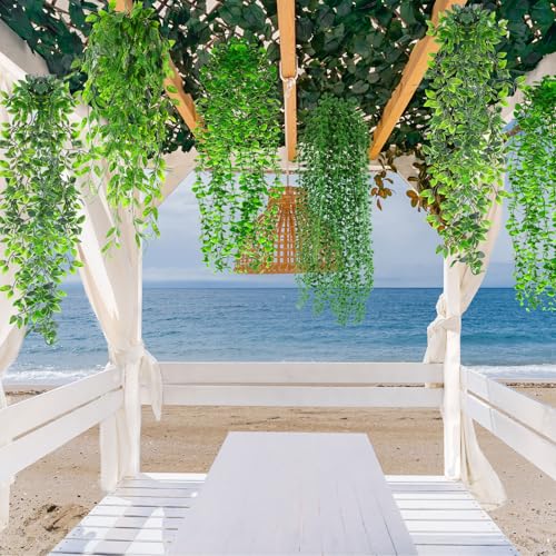 Daifunli 12 Pcs Artificial Hanging Plants Fake Hanging Ferns Plastic Faux Plants for Wall Room Garden Garland Indoor Outdoor Decor No Basket (Eucalyptus,Mandala,String of Pearls,Pea) - style: Eucalyptus, Mandala, String of Pearls, Pea