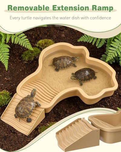 Pawfly Reptile Bathing Pool with Removable Ramp, Reptile Food Dish Feeding Dish, Tortoise Water Dish Water Bowl with Steps, Turtle Bathing Pool Bath Tub Soaking Dish for Gecko Snake Lizard Frog