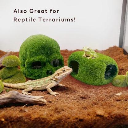 SNAIL GARDEN 8pcs Aquarium Decor, 4.5" Realistic Moss Skull Hideout & Mossy Rock Reptile Cave with 6pcs Algae Balls,Resin Fish Tank Decorations Shrimp Cave Aquarium Betta Fish Hiedout Reptile Habitat