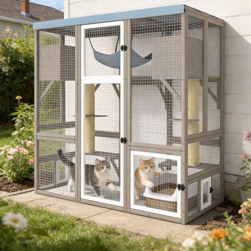 ketive Large Catio Outdoor Cat Enclosure, 61" H Cat House Kitty Cage for Multiple Indoor Outdoor Cats, Outside Patio with Multi-Level Platforms, Scratching Post, Waterproof Roof - size: 61.42"L x 33.86"W x 57.48"H