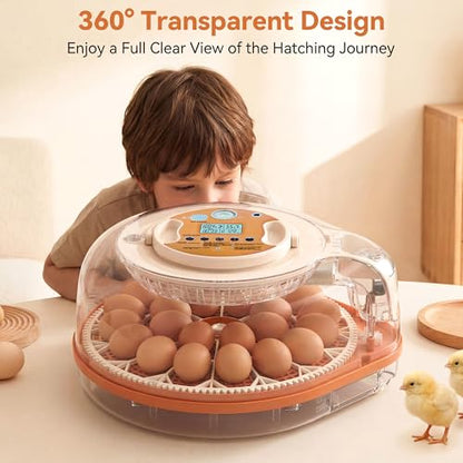 26-59 Egg Incubator with Automatic Egg Turning, Voice-Controlled Machine,Temperature & Humidity Control, Built-in Egg Candler, 360° View Clear Lid for Hatching Chicken Duck Quail Goose Eggs - color: Orange