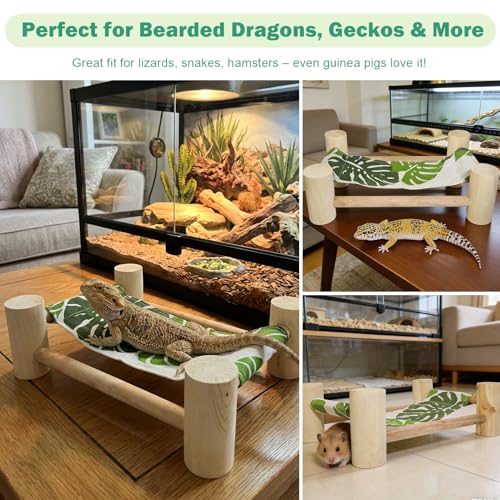 Wooden Bearded Dragon Cloth Bed, Reptile Hammock for Bearded Dragon Tank Accessories, Small Animal Habitat Decor
