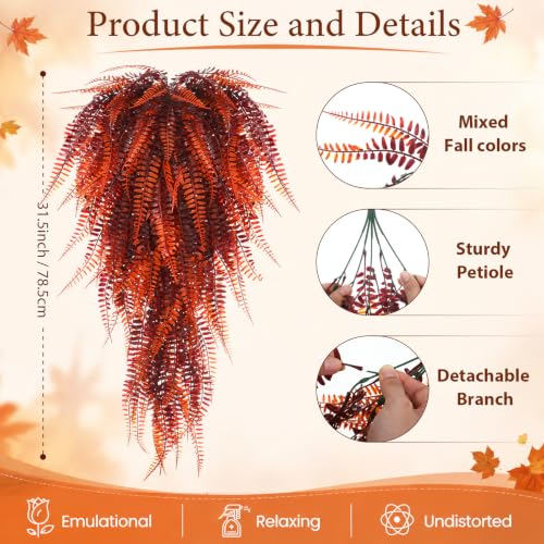 Daifunli 12 Pcs Artificial Fall Hanging Plants Fake Hanging Ferns Plastic Autumn Faux Plants for Wall Room Garden Garland Indoor Outdoor Decor No Basket (Fall Boston =) - style: Fall Boston