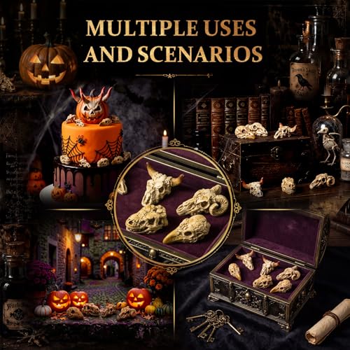Geelin 60 Pcs Mini Resin Animal Skull Heads Miniature Animal Skulls Figurines Bulk for Sand Box Mini Skull Figurine for Reptiles Hideouts Crafts Micro Landscape Decor