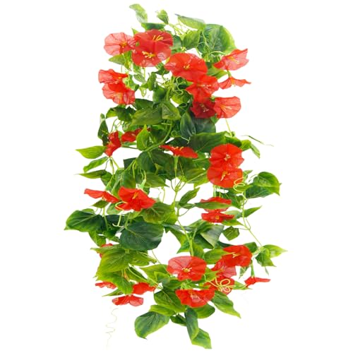 FERIAL Artificial Vines 15Feet Silk Flower Garland for Outdoors Red Morning Glory Vine Artificial Flowers Hanging Plants Garland Fake Green Plant 2Pcs for Wall Fence Indoor Wedding Banquet Decor - color: Red