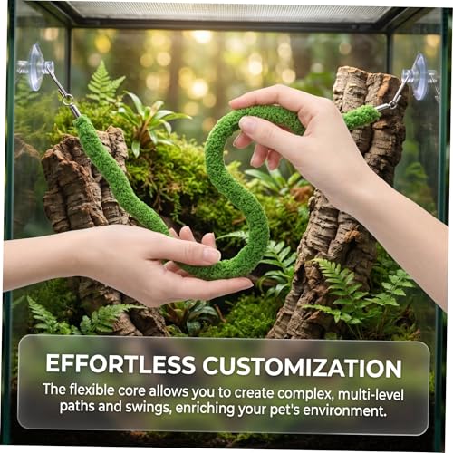 ULTECHNOVO Flexible Reptile Climbing Rope with Simulated Vine Design and Suction Cup Hook, Bendable Green Plush and Plastic Rope for Chameleon and Jumping Spider Terrarium Habitat Decoration