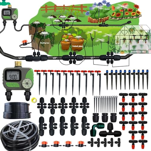 Drip Irrigation System for Garden with Water Timer Main ID 1/2inch 32Ft and 1/4inch 131Ft Water Hose, 2-Zone Automatic Watering System Sufficient Water Irrigation Dripper Waterflow Evenly Easy DIY - size: 32Ft+131Ft 2-Zone