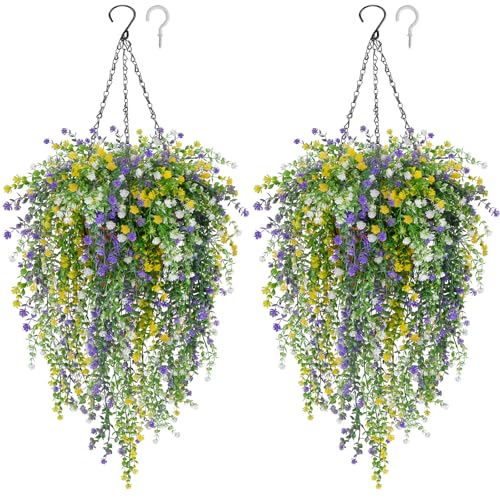 2 Set Artificial Flower Hanging Baskets for Outdoors, 20Pcs Fake Hanging Plants, Outdoor Faux Flowers UV Resistant for Spring Summer Porch Patio Garden Home Decoration (White+Purple+Yellow) - color: White+purple+yellow