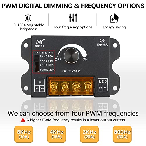 RGBZONE Single Color LED Dimmer, DC 5V/12V/24V 30A PWM Dimming Controller, Frequency Adjustable, for Single Channel 5050 3538 5630 Light Strips, Metal Shell LED Dimmer-No Light Flicker - color: Single Color