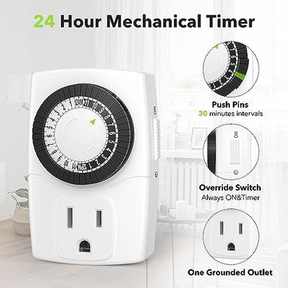 BN-LINK BND-60/U47 Indoor Mini 24-Hour Mechanical Outlet Timer, 3-Prong, 4-Pack - size: 3-Prong, 4-Pack, 1 Outlet, Mini