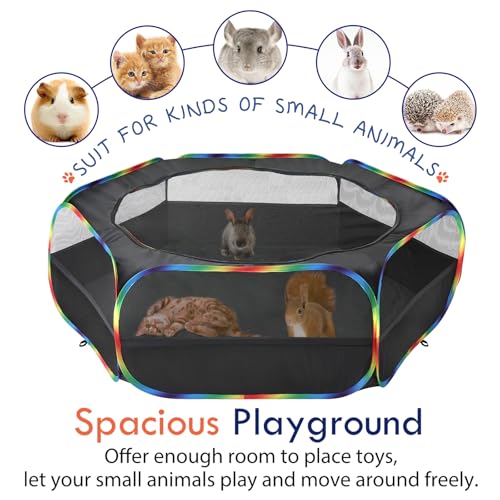 Pawaboo Small Animals Playpen, Waterproof Small Pet Cage Tent with Zippered Cover, Portable Outdoor Yard Fence with 3 Metal Rod for Chick/Kitten/Puppy/Guinea Pig/Rabbits/Hamster, Black + Rainbow - color: Black + Rainbow