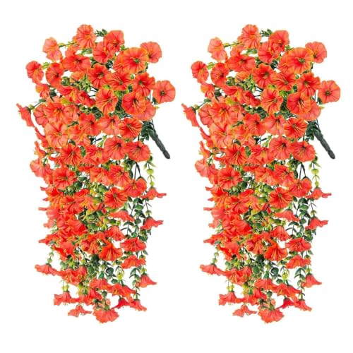 AirSun Artificial Morning Glory Flower Vines, 2pcs 15Feet Hanging Plants Silk Garland Fake Green Plant Home Garden Wall Fence Indoor Outdoor Wedding Birthday Decor - color: Orange&red