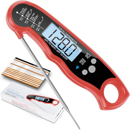 Instant Read Meat Thermometer for Grill and Cooking, Fast & Precise Digital Food Thermometer with Backlight, Magnet, Calibration, and Foldable Probe for Kitchen, Outdoor Grilling and BBQ!… - color: Red - Black