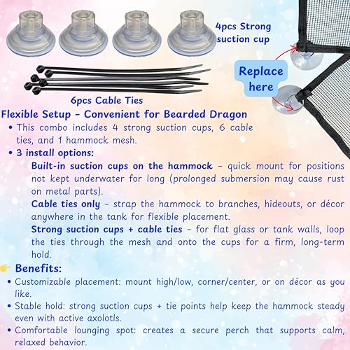 Bearded Dragon Hammock Large Tank Bed, Mesh Lounger with Suction Cups & Cable Ties, Reptile Basking Ramp/Bed, Fits Bearded Dragons & Leopard Geckos (Rectangle, 28" x 10") - color: Rectangle
