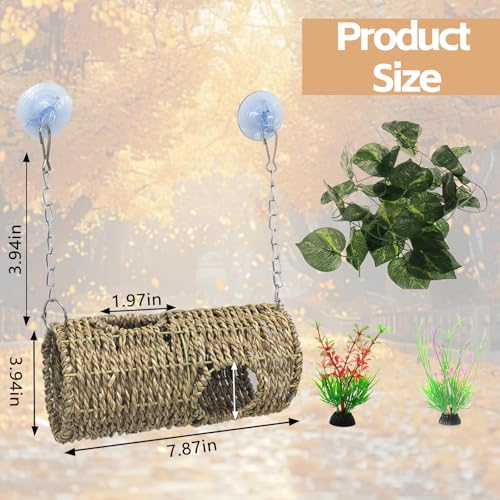Reptile Hide Cave,Hanging Seagrass Fiber Bearded Dragon Hammock Swing Climbing Toys with Plants Decor,Gecko Hideout Hollow Cave Tank Accessories for Lizard Snake-Round - size: Round:7.87*3.94*3.94"