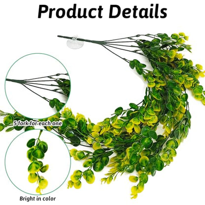 Hamiledyi 4 PCS Reptile Plants Hanging Terrarium Plants Artificial Leaves Habitat Decorations with Suction Cup Green and Yellow Fake Amphibian Plants for Bearded Dragon Lizard Geckos Chameleon - size: 4 PCS