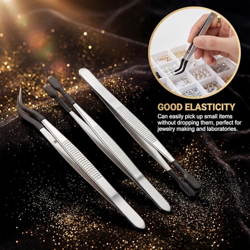 Trinkrittey 3 Pcs Tweezers with Rubber Tips Silicone Bent Flat Tip Tweezers Precision Sticker Craft Tweezer for Stamps Sticker Crafts Jewelry Beads (Black)