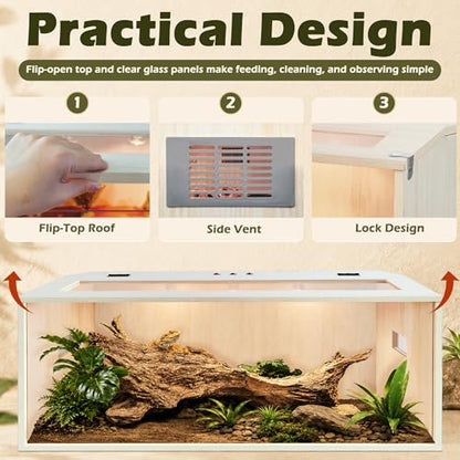 PROLEE Bearded Dragon Tank,Wooden Reptile Tank and Lizard Tank,Tempered Glass Large Bearded Dragon Enclosure with Built-in Lamp Fixture (48X20X20inch,80 Gallons) - color: Wooden Roof, size: 48X20X20inch,80 Gallons